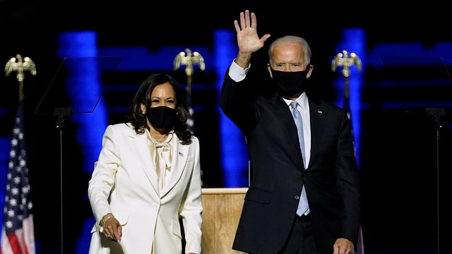 Democratic vice-presidential nominee Kamala Harris introduces Democratic 2020 U.S. presidential nominee Joe Biden at an election rally, after news media announced that Biden has won the 2020 U.S. presidential election, in Wilmington, Delaware 