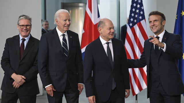 President Biden meets with French President Emmanuel Macron, British Prime Minister Keir Starmer and German Chancellor Olaf Scholz in Berlin on Oct. 18, 2024. 