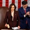 Vice President Kamala Harris and Speaker of the House Mike Johnson preside over a joint session of Congress to count the 2024 presidential electoral votes at the U.S. Capitol on Jan. 6, 2025, in Washington, D.C. 