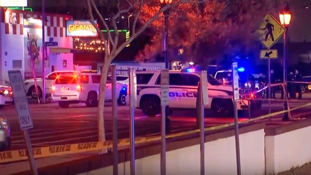 In this image made from video footage provided by AZFamily.com, first responders work the scene of a shooting in Glendale, a suburb of Phoenix, Arizona, May 4, 2025. 