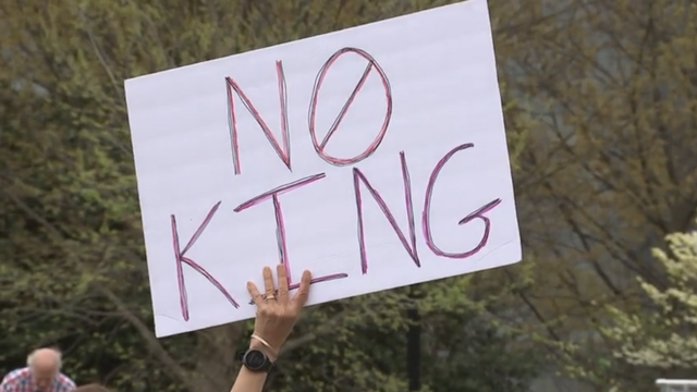 "No King" sign at Philadelphia rally on April 19, 2025 